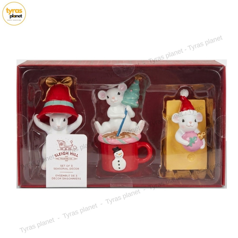 Christmas Mouse Figurines Figures Santa Hat Cocoa Cheese Ornaments 3 Pc Resin